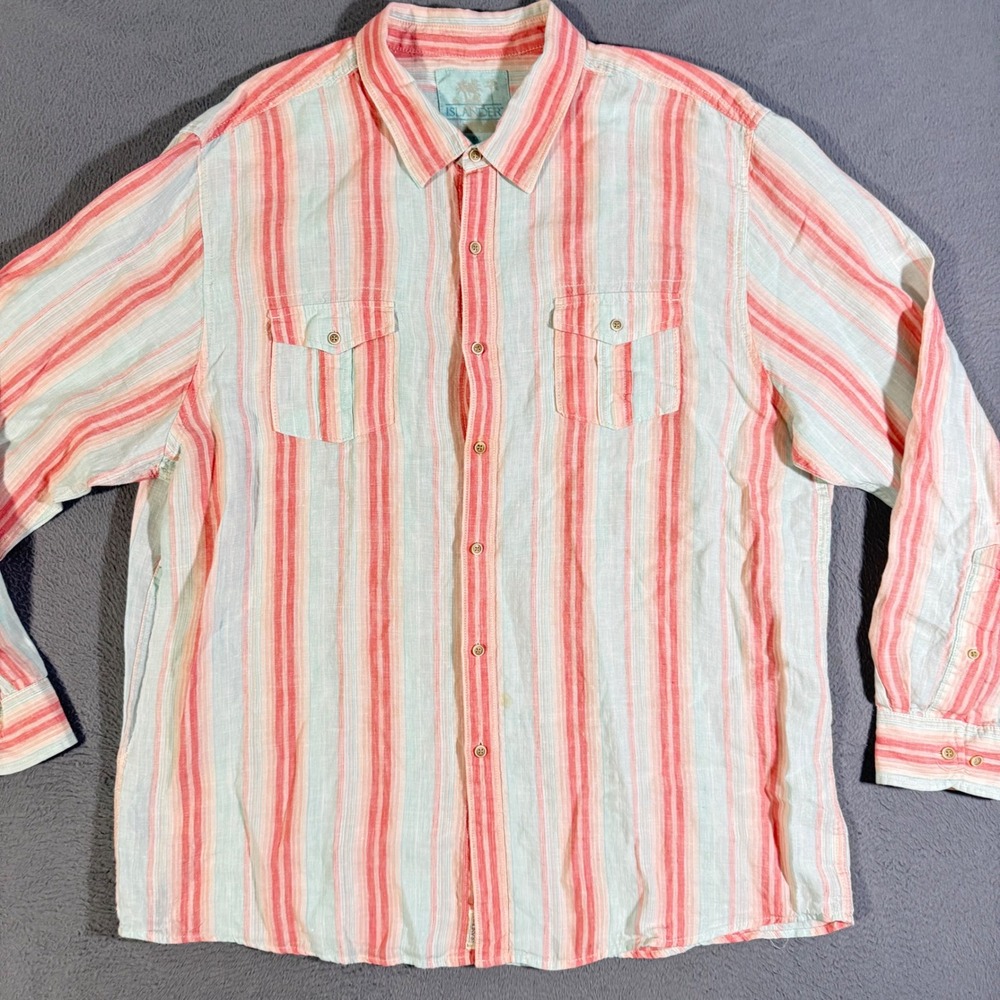 Islander XXL Linen Shirt Striped Button Down Long Sleeve‎ Coral Turquoise Men's